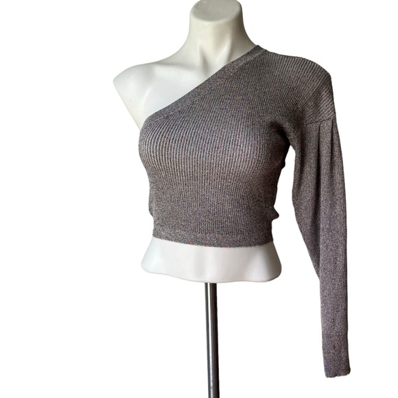 Mod On Trend Purple Shimmer Ribbed Knit Cropped One Shoulder Sweater, Sz L - Picture 3 of 14